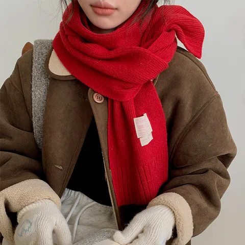 Bufanda de Lana Cálida de Invierno para Mujer Color Sólido Casual Suave Calentador de Cuello Tejido Con Parche Bufandas Largas de Moda