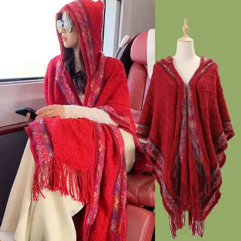 Chal de Punto con Capucha para Mujer Estilo Étnico Vintage Borla Envolver Manta Cálido Viaje de Invierno Capa Poncho Imitación Cachemira