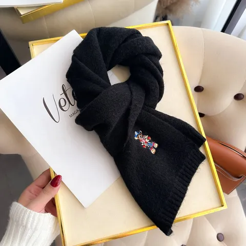 Bufanda de Punto Cálida de Invierno Lindo Oso Bordado Bufanda de Mezcla de Lana Casual Suave Calentador de Cuello Para Mujeres