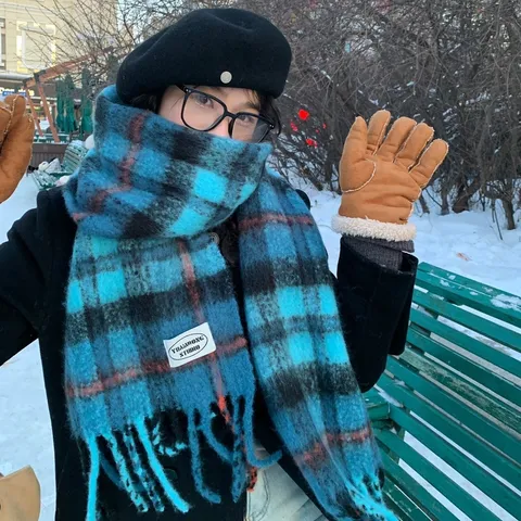 Sciarpa a Quadri Calda Invernale da Donna Finto Cashmere Ispessito Frange Sciarpa Lunga Casual Moda All'aperto Quotidiano Scaldacollo
