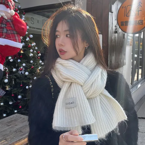 Bufanda de Invierno Cálida Tejida de Punto para Mujer Suave Piel Sintética Color Sólido Casual Moda Bufandas Largas
