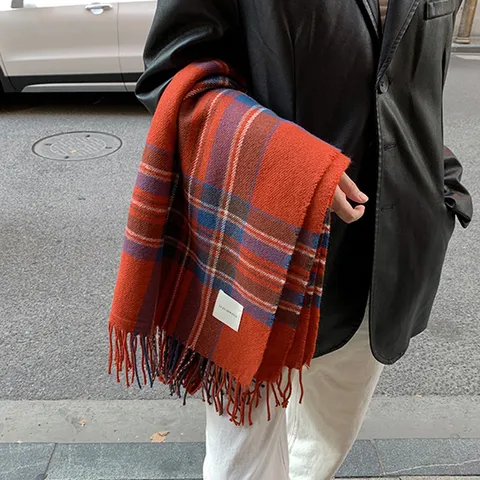 Bufanda A Cuadros Cálida de Invierno para Mujer Clásica Borla Envolvente Larga Suave Poliéster Moda Diario Casual Bufandas