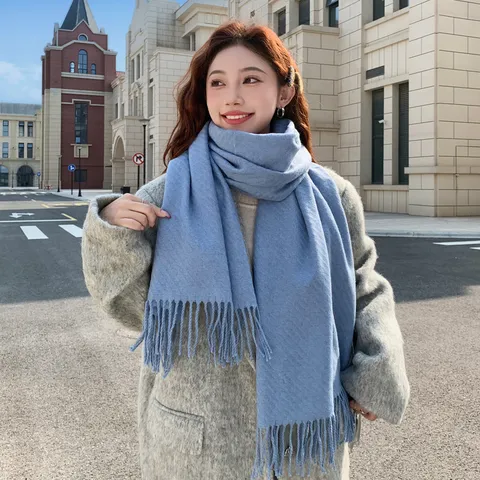 Bufanda de Lana Cálida y Gruesa de Invierno para Mujer con Color Sólido y Flecos Elegantes