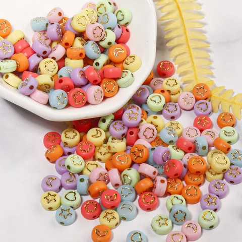Colorful Acrylic Flat Round Beads With Heart Star Moon Flower Pattern For DIY Bracelet Necklace Jewelry Making Finding