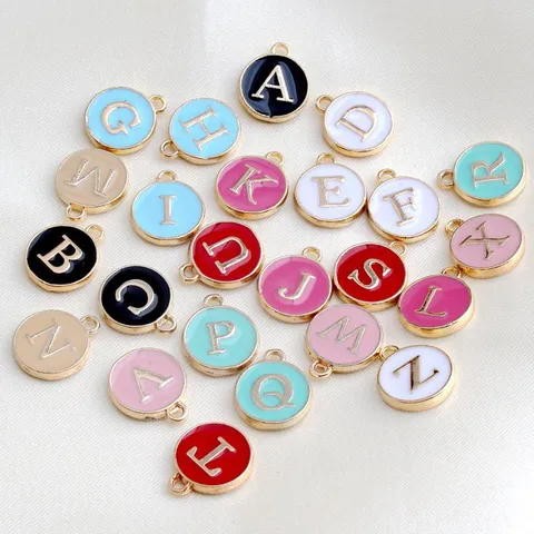 DIY Jewelry Alloy Enamel Round Double Sided English Letter Pendant Charm For Necklace Bracelet Jewelry Making Material Hand Made Accessory
