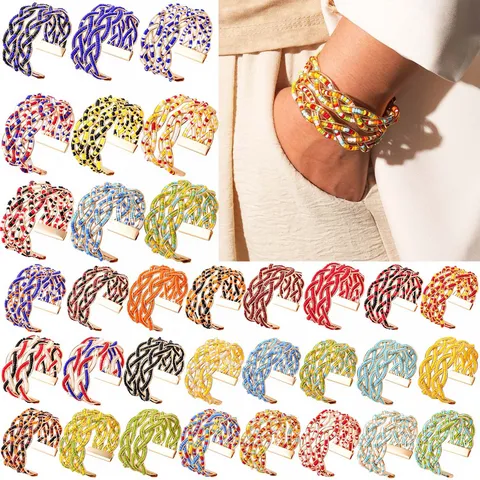 Boheems Legering Kunstparel Open Armring Etnisch Geometrisch Handgemaakt Kralen Geweven Armband Voor Vrouwen Vakantie Sieraden