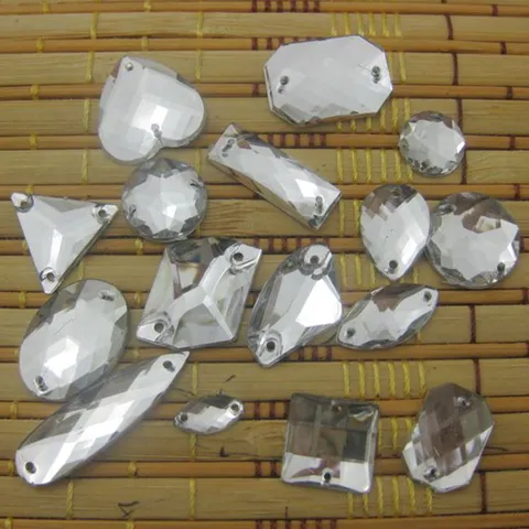 Klare Acryl Aufnähbare Strasssteine Mehrere Formen Flache Rückseite Kristall Diamanten Mit Löchern Für Hochzeitskleid Kleidung Dekoration Basteln Zubehör