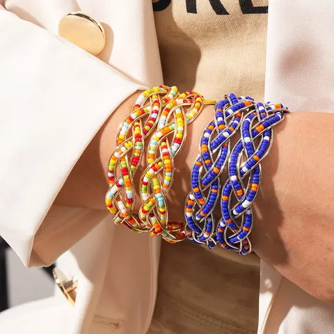 Boheems Legering Kunstparel Open Armring Etnisch Geometrisch Handgemaakt Kralen Geweven Armband Voor Vrouwen Vakantie Sieraden