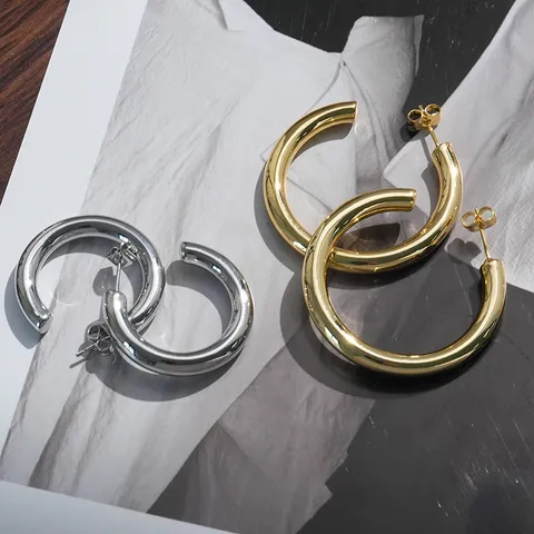 18K Vergulde Messing Creolen Met 925 Sterling Zilver Stift Vrouwen Mode Grote Ronde Cirkel Oorbellen Sieraden Cadeau