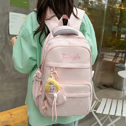 Ins Minimalist Star Print Backpack Large Capacity Waterproof School Bag For Junior High School Students Women With Pendant