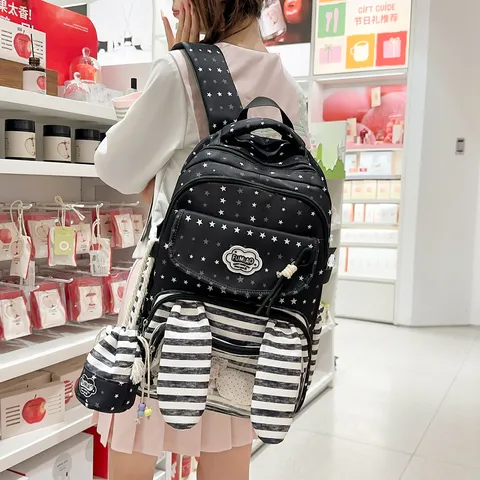 Meisjes Schattige Konijnenoren Schoolrugzak Sterrenprint Gestreept Nylon Ademend Scholieren Daypack Voor Basisschool