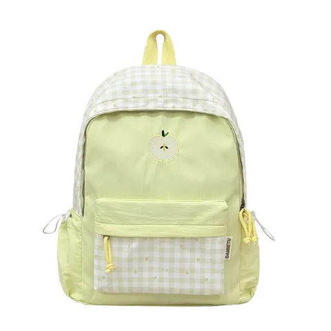 Sac à Dos à Carreaux Kawaii pour Filles Style Japonais Cartable à Carreaux Avec Broderie Pomme Mignon Sac à Dos pour Ordinateur Portable Étudiant pour Ados Sac à Dos de Voyage