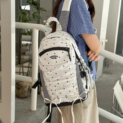 Japanse Stijl Geplooide Rugzak Met Stippen Grote Capaciteit Schooltas Voor Dames Mori Forest Stijl Nylon Rugzak