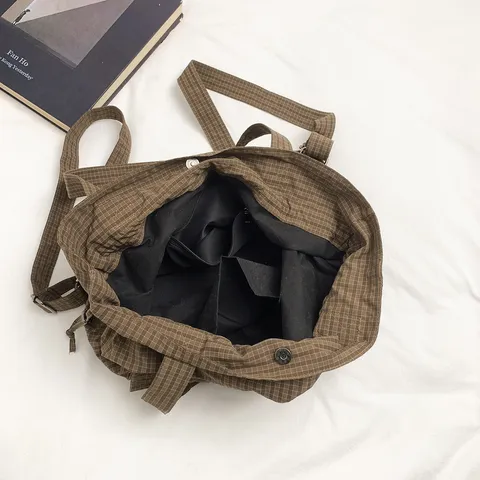 Cargo Style Plaid Drawstring Backpack Large Capacity Nylon Multi Pocket Travel Rucksack Shoulder Bag For Casual Men Women Everyday Use