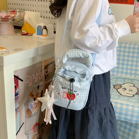 Schoolstijl Nylon Geruit Rugzak Zoet Aardbei Borduurwerk Trekkoord Emgertas Schoudertas Ster Hanger Casual Dagelijks Rugtas Voor Tiener Meisjes Vrouwen