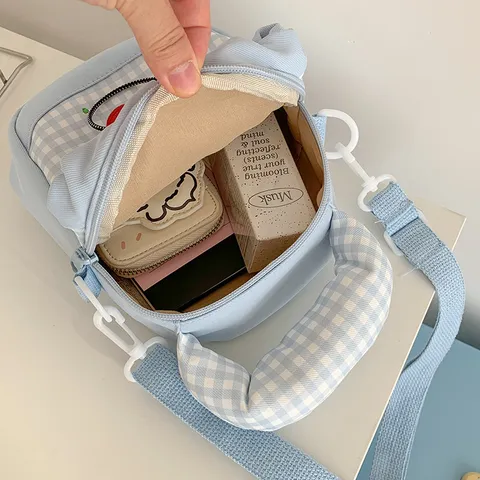 Schoolstijl Nylon Geruit Rugzak Zoet Aardbei Borduurwerk Trekkoord Emgertas Schoudertas Ster Hanger Casual Dagelijks Rugtas Voor Tiener Meisjes Vrouwen