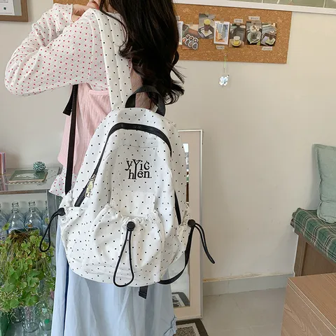 Casual Polka Dot Canvas Backpack Large Capacity School Bag With Drawstring Pocket Wear Resistant Traveling Knapsack For Students