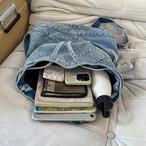 Vintage Washed Denim Backpack For Women Letter Embroidered Casual Drawstring Rucksack Large Capacity Commute School Bag