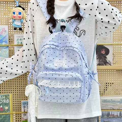 Preppy Schoolstijl Stippen Rugzak Voor Vrouwen Zoete Nylon Kantrand Rugzak Schattige Studenten Casual Dagelijkse Reistas Pak