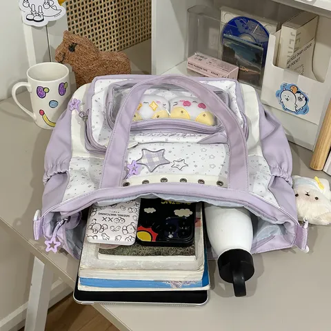 Schattige Japanse Stijl Transparante Ita Bag Nylon Grote Capaciteit Schoudertas Met Kattenoren Sterrenborduurwerk Voor Meisjes