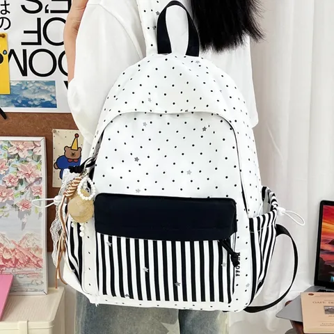 Frisse Academiestijl Gestreepte Gepunkte Rugzak Waterdicht Nylon Multi-zak Grote Capaciteit Schooltas Voor Studenten Vrouwen Casual Rugzak