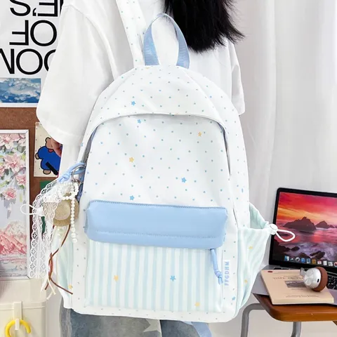 Frisse Academiestijl Gestreepte Gepunkte Rugzak Waterdicht Nylon Multi-zak Grote Capaciteit Schooltas Voor Studenten Vrouwen Casual Rugzak