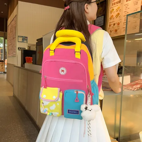 Dopamine Kleurcontrast Dames Rugzak Lichtgewicht Nylon Student Schooltas Trendy Multi Pocket Reizen Rugzak Met Schattige Hanger