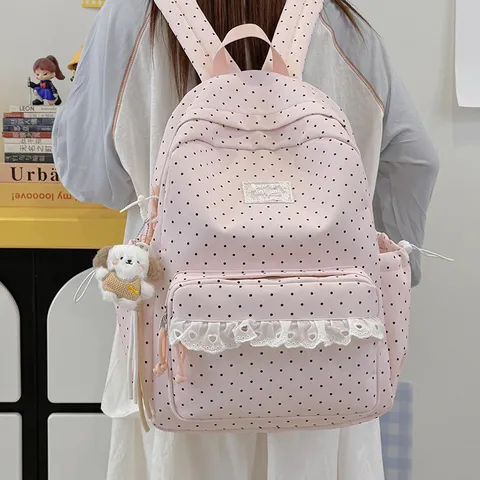 Stippen Rugzak met Kant voor Meisjes Koreaans Ontwerp Lichtgewicht Nylon Schooltas voor Basisschoolleerlingen