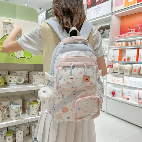 Grote Capaciteit Schoolrugzak Voor Meisjes Studenten Schattige Ins-stijl Nylon Rugzak Met Sterrenpatroon Met Transparante Ita-zak Voor De Middelbare School