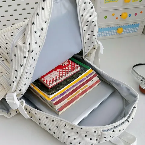 Sac à Dos en Velours Côtelé Imprimé Étoiles Style Campus Couleurs Macaron Grande Capacité Sac d'Épaule Avec Broderie Nuage pour Adolescents Femmes