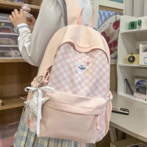Mode Geruite Schoolrugzak Voor Meisjes Koreaanse Ins Grote Capaciteit Studenten Boekentas Met Strik En Ster Hanger Nylon Reisrugzak
