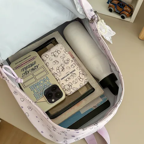Koreaanse Stijl Zoete Meisje School Rugzak Grote Capaciteit Nylon Strik Hart Print Student Daypack Voor Middelbare School