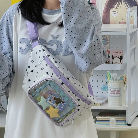 Sac Ita Preppy à Motifs d'Étoiles pour Femmes Fenêtre Transparente Sac de Poitrine en Tissu Oxford Grande Capacité pour l'École