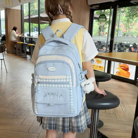 Koreaanse Stijl Preppy Ruitjes Contrast Rugzak Voor Meisjes Middelbare Scholier Meerdere Compartimenten Grote Capaciteit Schooltas