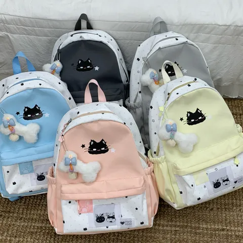 Schattige Cartoon Kat Ster Bedrukte Nylon Rugzak Voor Dames Grote Capaciteit College Student Schooltas School Pendelen Reizen Boekentas Met Hanger