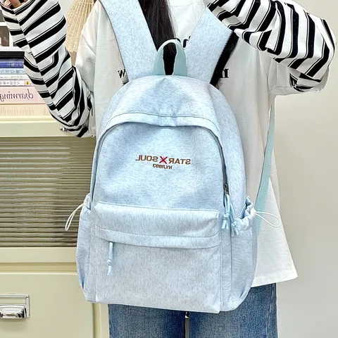 Simple Solid Color School Backpack For Women Lightweight Campus Commute Laptop Bag Large Capacity Polyester Backpack