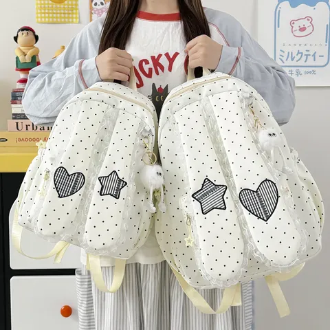 Sac à Dos Doux avec Bordure en Dentelle et Pois Design Oreilles de Lapin Grande Capacité Cartable Scolaire en Nylon avec Patch Étoile et Cœur pour Filles