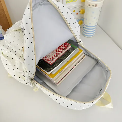 Sac à Dos Doux avec Bordure en Dentelle et Pois Design Oreilles de Lapin Grande Capacité Cartable Scolaire en Nylon avec Patch Étoile et Cœur pour Filles