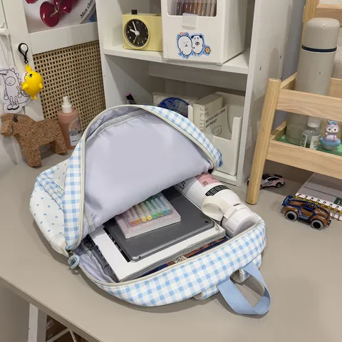 Sac à Dos à Carreaux Doux Coréen pour Filles Bordure en Dentelle Sac d'École Avec Broderie Chiot Poche à Pois Nylon Grande Capacité