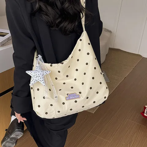 Dames Strik Geplooide Wolktas Stippen Print Handtas Retro Schoudertas Ster Hanger Grote Capaciteit Tas