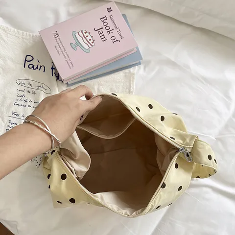 Dames Strik Geplooide Wolktas Stippen Print Handtas Retro Schoudertas Ster Hanger Grote Capaciteit Tas