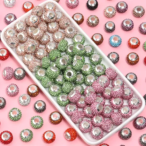 Polymer Clay Shamballa Pave Rhinestone Large Hole Beads Sparkling Spacer Beads For DIY Jewelry Making Bracelet Accessories