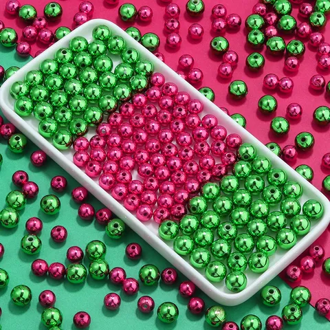 Perles Rondes de Noël en Acrylique Brillantes Rouge Vert Perles en Vrac pour Bracelet DIY Collier Création de Bijoux