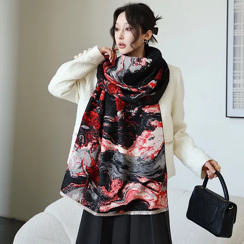 Damen Mode Imitat Kaschmir Schal Winter Warm Verdickt Doppelseitig Bedruckt Shawl Elegante Blumen Nackenschoner