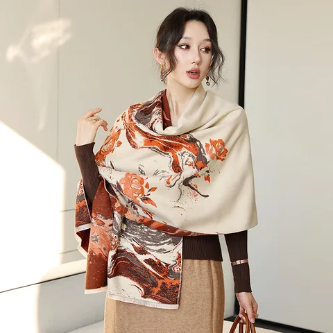 Damen Mode Imitat Kaschmir Schal Winter Warm Verdickt Doppelseitig Bedruckt Shawl Elegante Blumen Nackenschoner