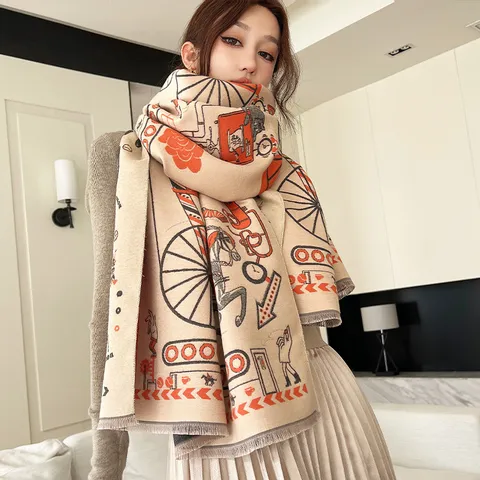 Women Winter Warm Imitation Cashmere Scarf Fashion Carriage Print Tassel Shawl Casual Thickened Neck Warmer