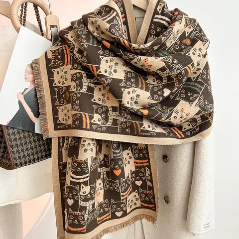 Bufanda de Cachemir Sintético Cálida de Invierno para Mujer Lindo Gato de Dibujos Animados Estampado Chal con Borlas Suave Casual Diario