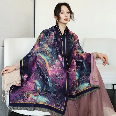 Bufanda Chal Cálida y Espesa de Invierno para Mujer Estampado de Pintura al Óleo Vintage Cachemira de Imitación Larga Abrigo