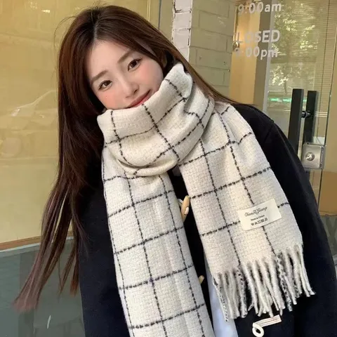 Mujer Otoño Invierno Cálido Imitación Cachemira Cuadros Borla Bufanda Casual Suave Chal Largo Cubre Cuello Moda Accesorio de Invierno