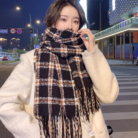 Mujer Otoño Invierno Imitación Cachemira Cuadros Borla Bufanda Estilo Colegial Coreano Cálido Suave Bufanda de Cuello Chal